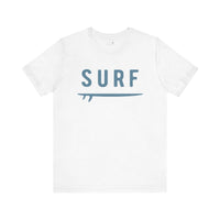 White surf graphic tee with bold lettering and surfboard design, 100% cotton unisex fit, ideal for surf lovers.