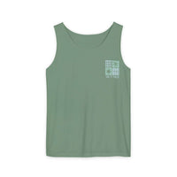 Light green SP Surf Vibes tank top, 100% ringspun US cotton, Comfort Colors 9360, relaxed fit, front view with design on chest.