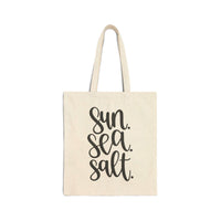 Sun Sea Salt Canvas Tote Bag with stylish black text, durable organic cotton perfect for beach days or errands, 15x16 inches, twin carry handles